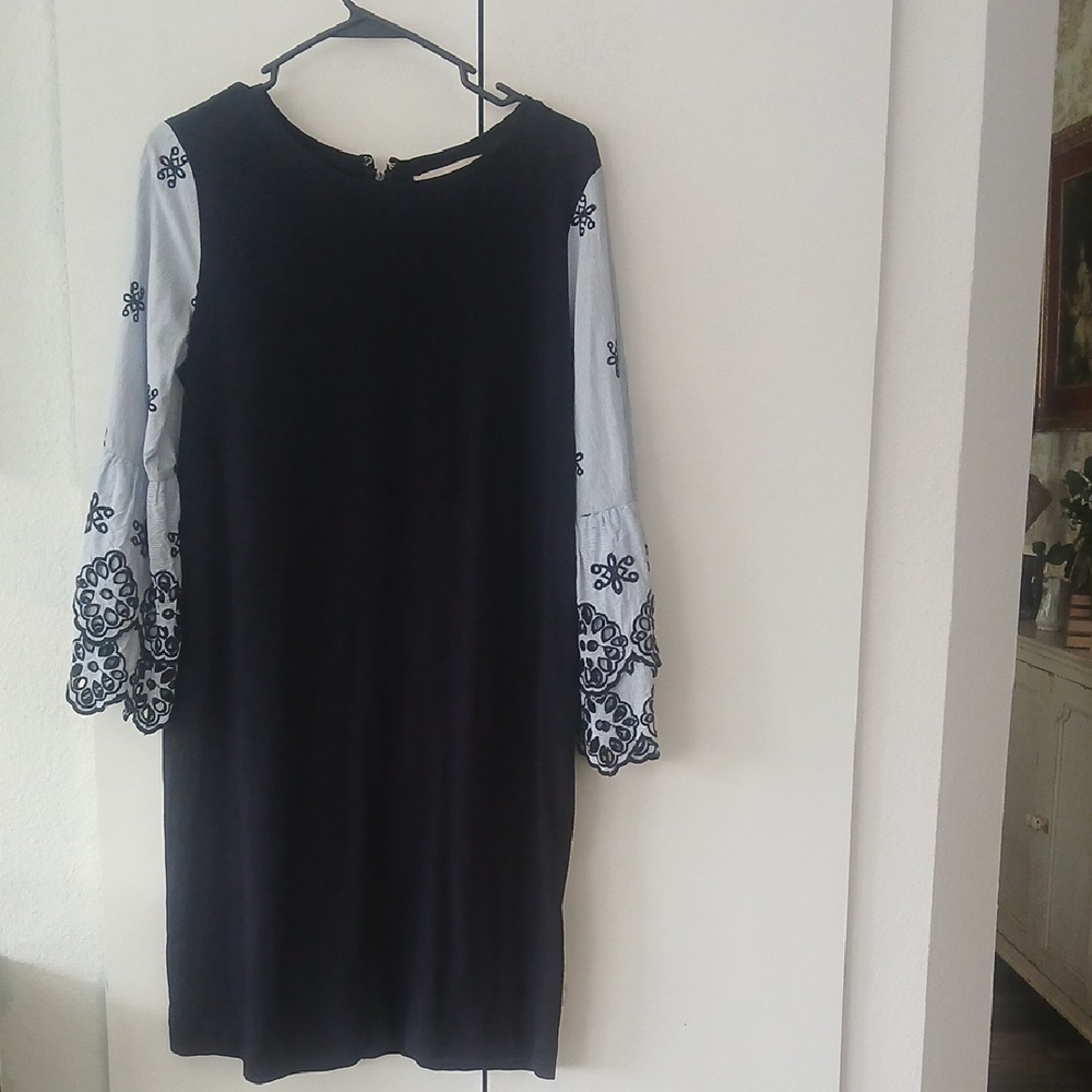 LOFT Black Dress with Blue Embroidered Sleeves